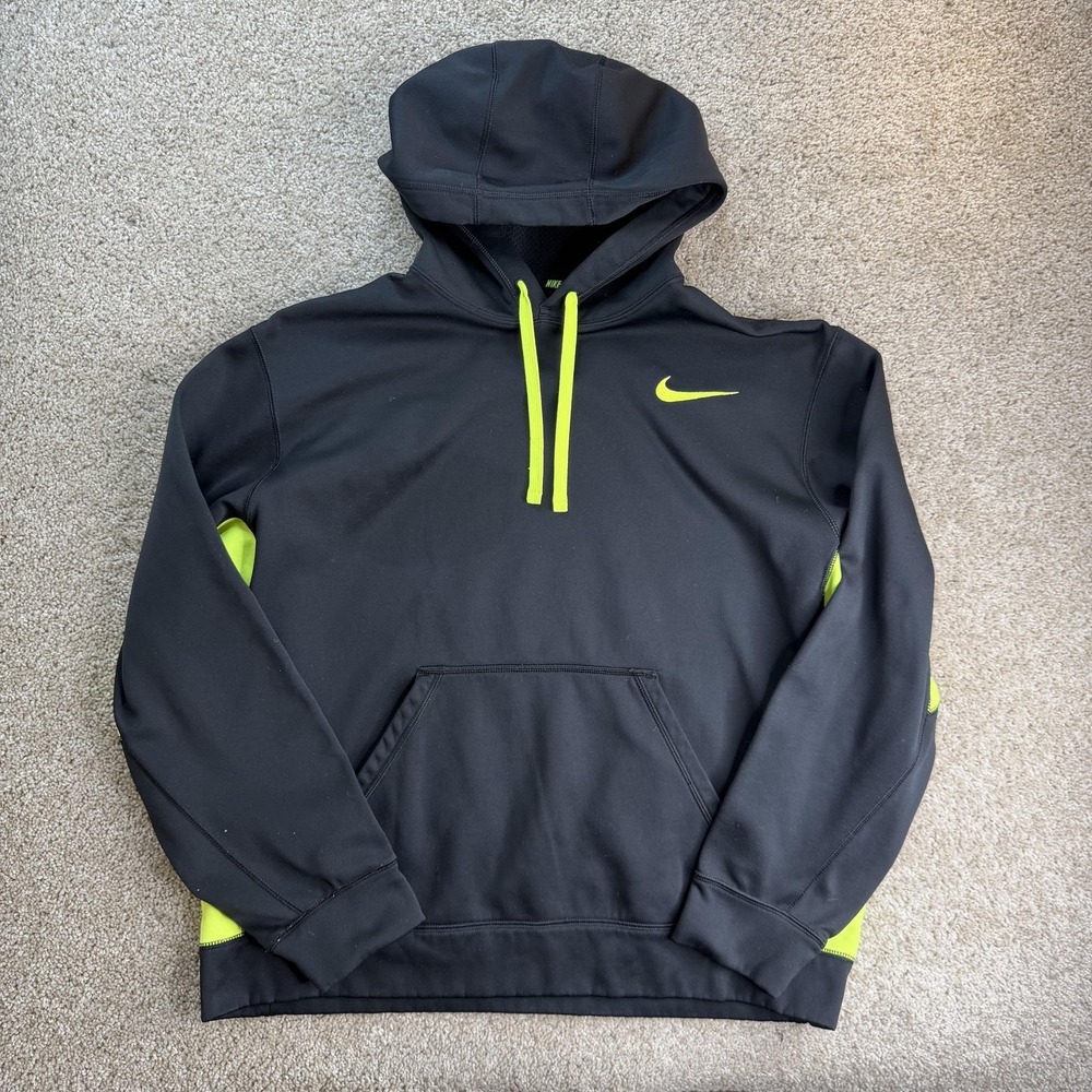 Nike Hoodie Mens XL Black Therma Fit Fleece Pullover Neon Swoosh Sweatshirt